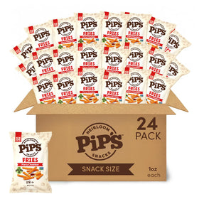 Pip's Heirloom Fiery Cheddar Fries 1oz bag—crispy cheddar flavor for on-the-go snacking.