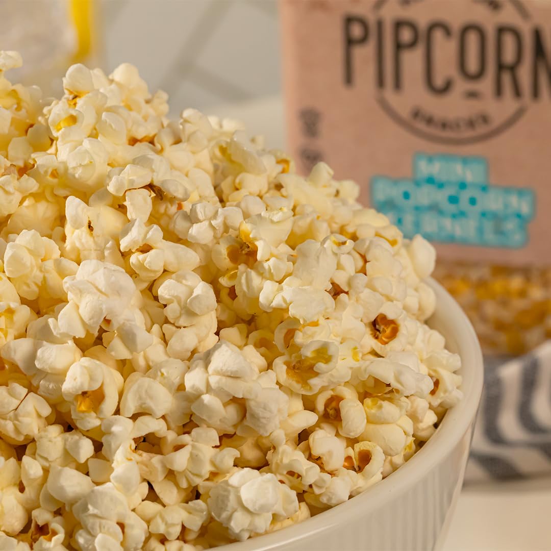 Pipcorn Heirloom mini popcorn kernels in a bowl, gluten-free and vegan crunch.