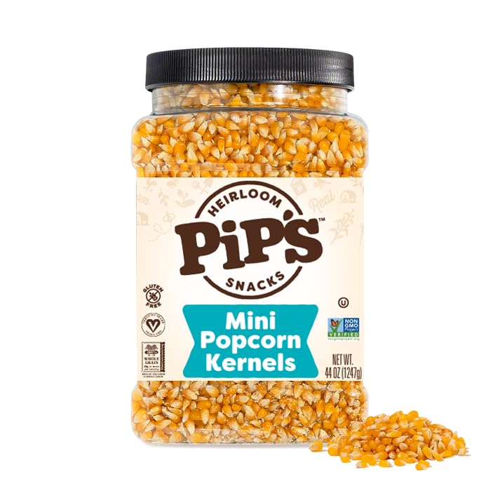 Pipcorn Heirloom mini popcorn kernels in a jar for convenient, non-GMO snacking.