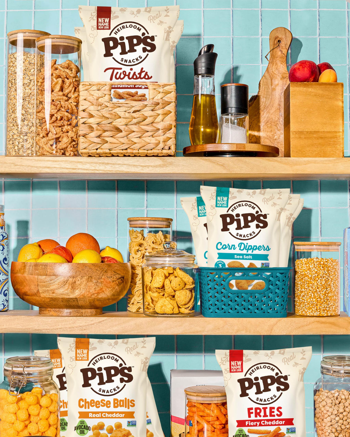 Pipcorn Heirloom mini popcorn kernels on a shelf, sustainably sourced heirloom corn.