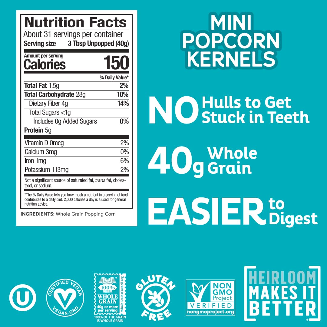 Pipcorn Heirloom mini popcorn kernels open jar ready for resealing and quick snacking.