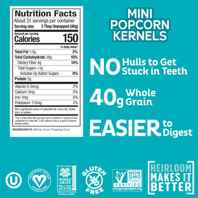 Pipcorn Heirloom mini popcorn kernels open jar ready for resealing and quick snacking.