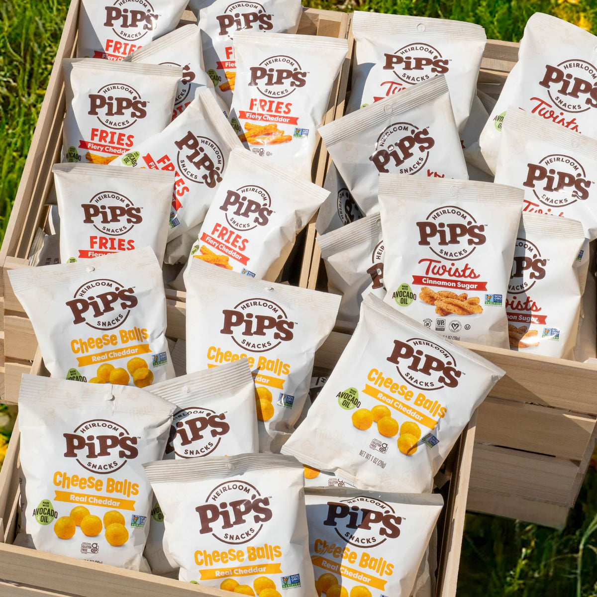 Pipcorn heirloom puffed snacks variety pack displayed for tasting.
