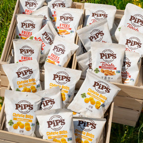 Pipcorn heirloom puffed snacks variety pack displayed for tasting.