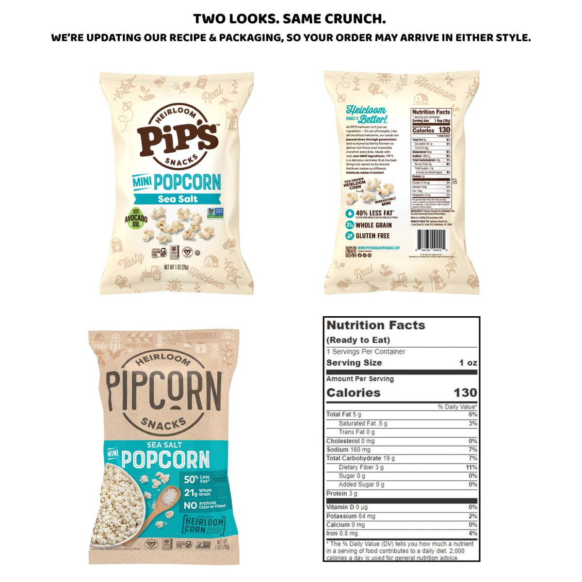 Pipcorn mini popcorn on-the-go snack with individually wrapped 1 oz portions.