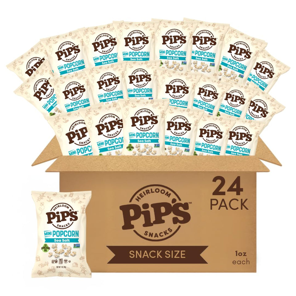Pip's Heirloom Sea Salt mini popcorn packaging enables convenient on-the-go snacking.