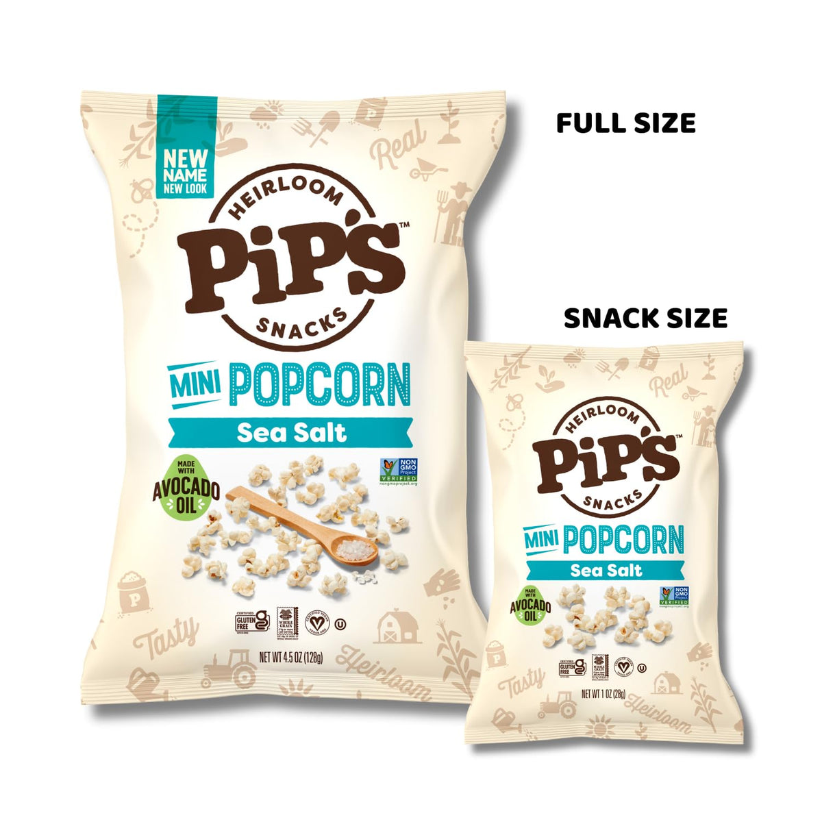 Hand holding mini Pip's popcorn indicates bite-size crunch.