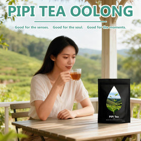 Pipi Tea 4g full-leaf tea bag closeup highlighting convenience and purity.