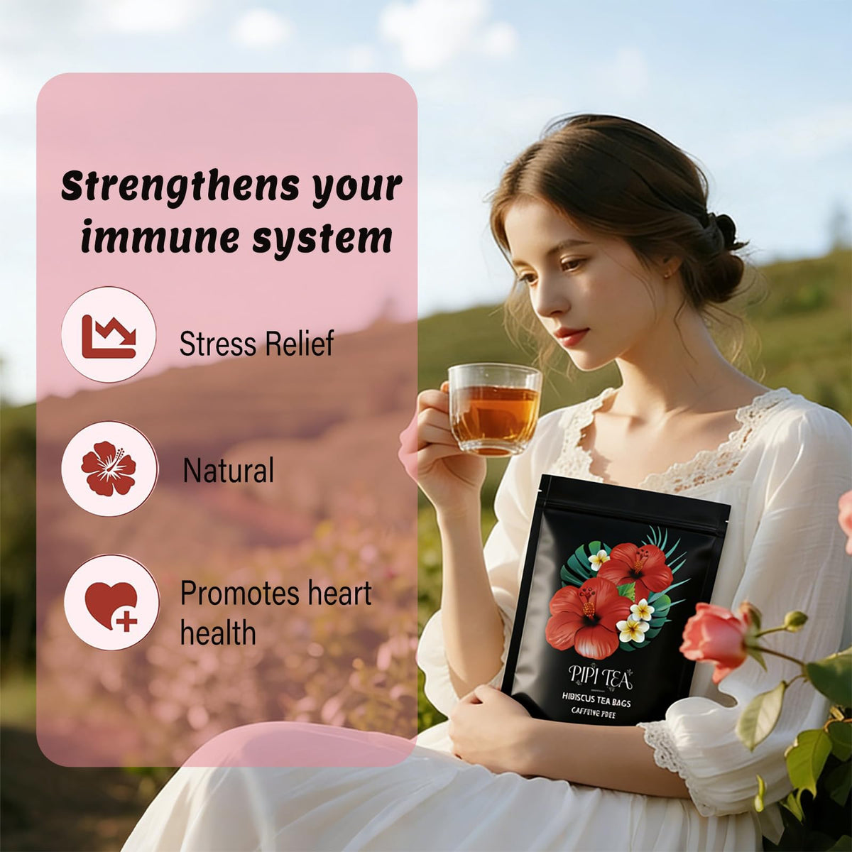 Pipi Tea hibiscus iced tea poured with a ruby-tinted glow.