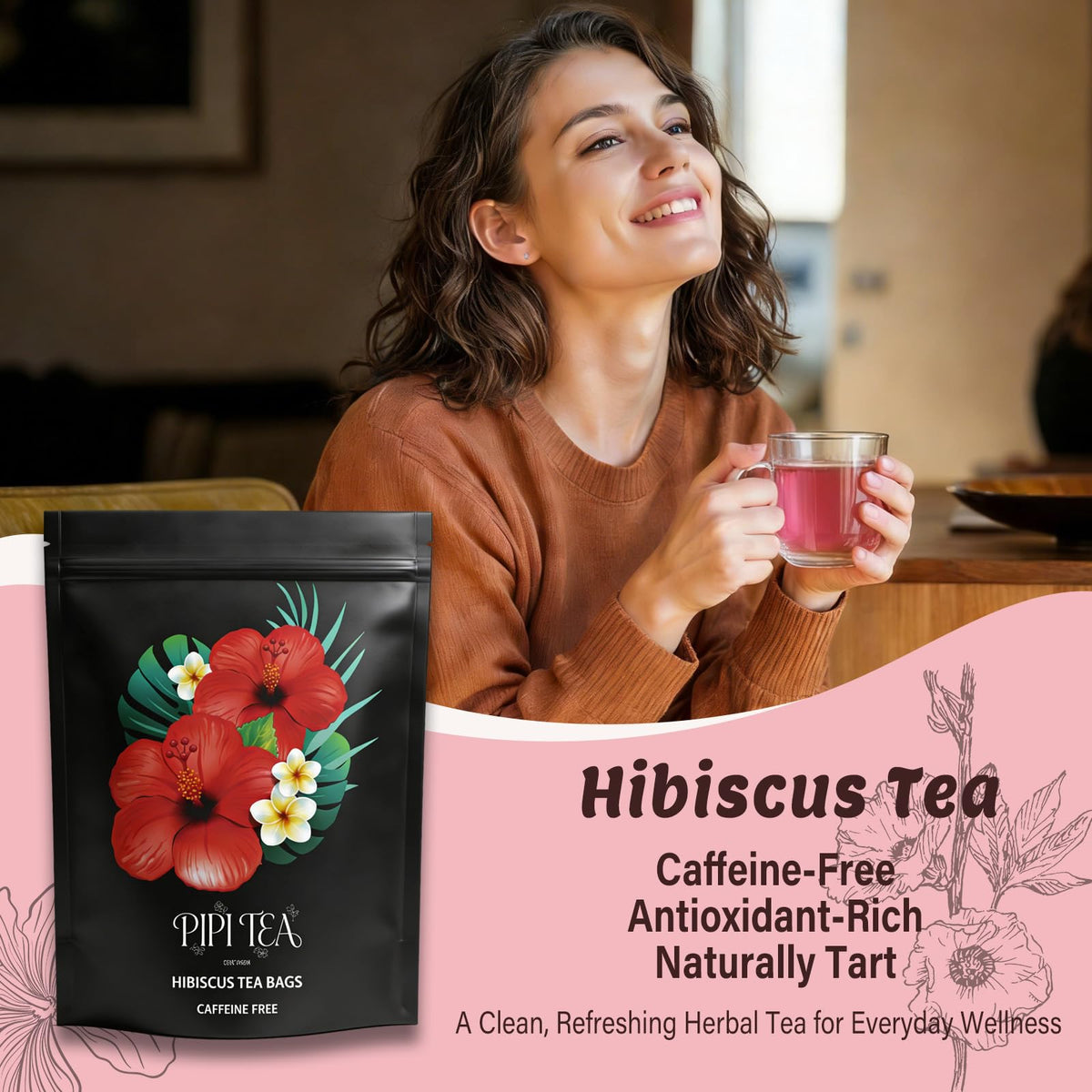 Close-up of Pipi Tea hibiscus petals showing natural color and aroma.