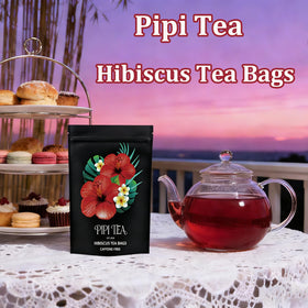 PIPI TEA hibiscus tea bags close-up, 100% natural flavors for a vibrant hot cup