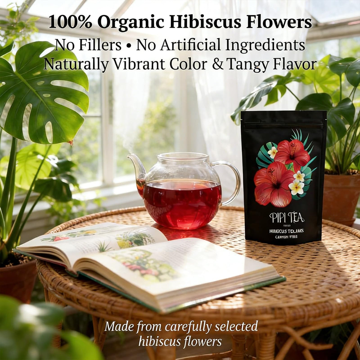 PIPI TEA hibiscus tea bags on shelf, organic and 100% natural