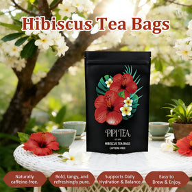 PIPI TEA hibiscus tea bags steeping in clear glass mug, caffeine-free moment