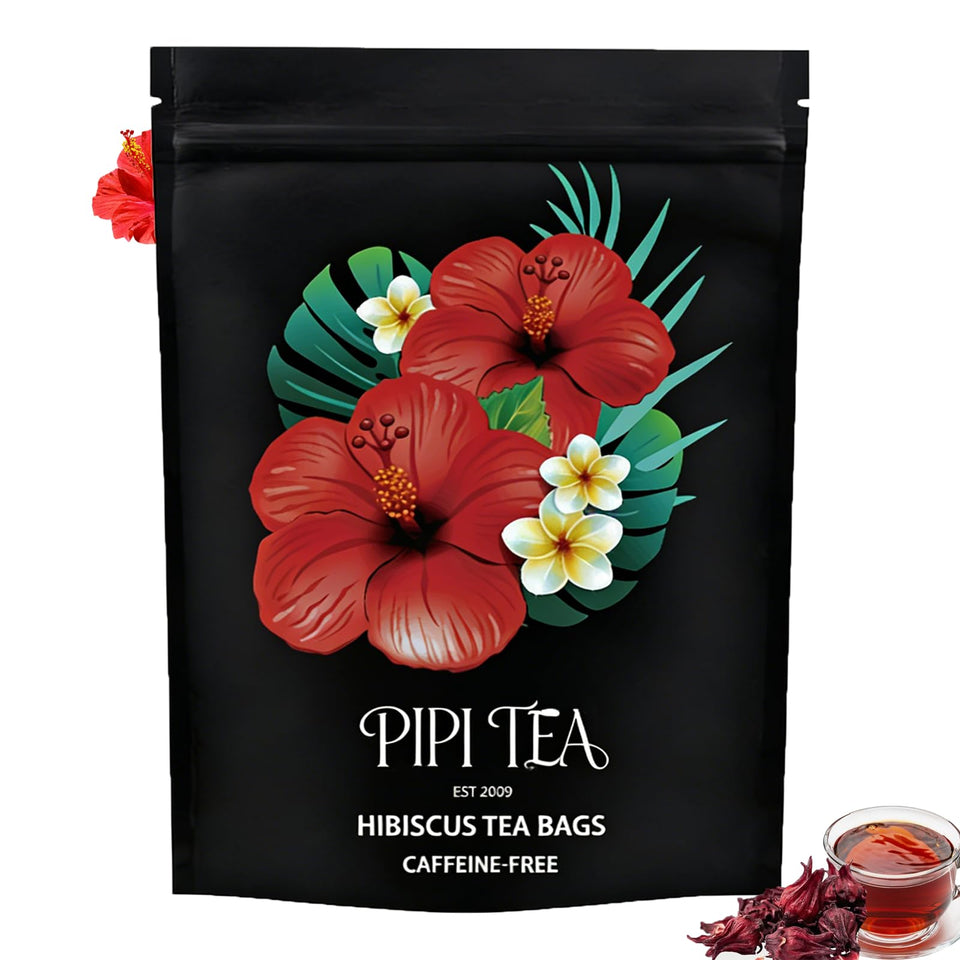 PIPI TEA hibiscus tea bags in a pack, ready to brew a tart, refreshing cup