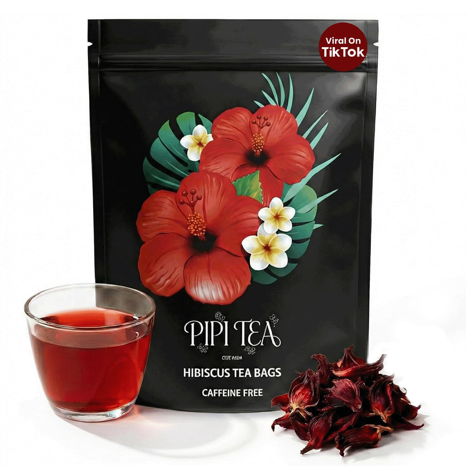 Pipi Hibiscus Tea bags on box, caffeine-free and flavorful option.