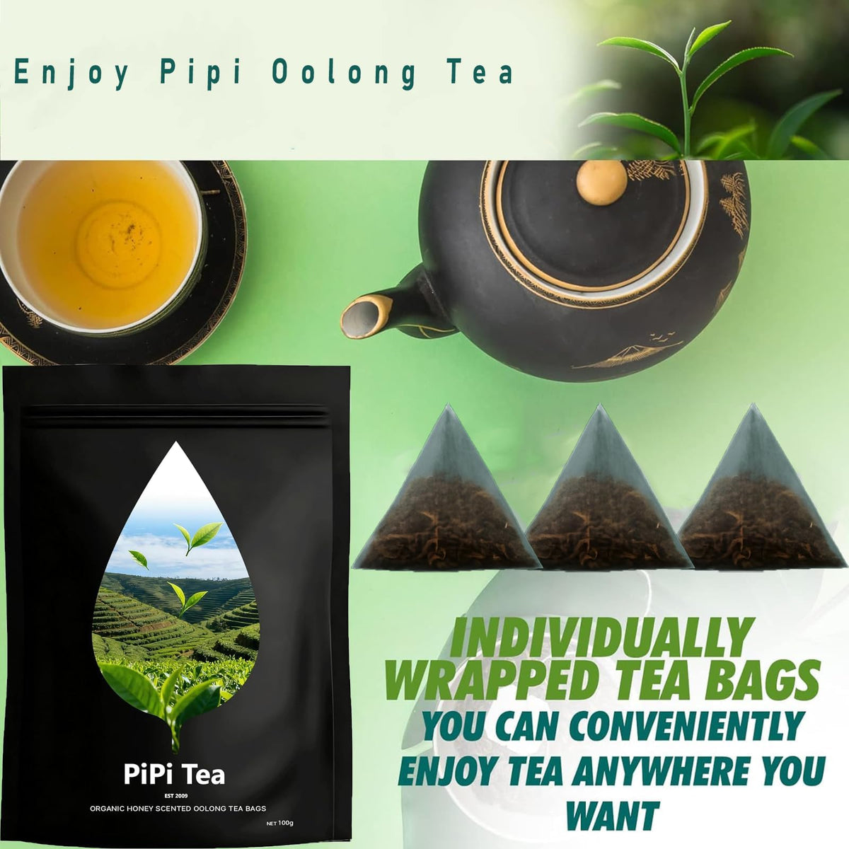 High-mountain Oolong leaves from Pipi Tea conveying bright aroma and freshness
