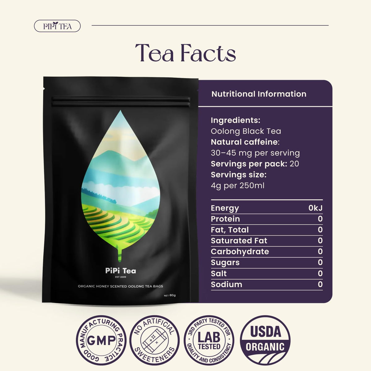 PiPi Tea organic oolong tea bags in a sleek box highlighting purity and convenience