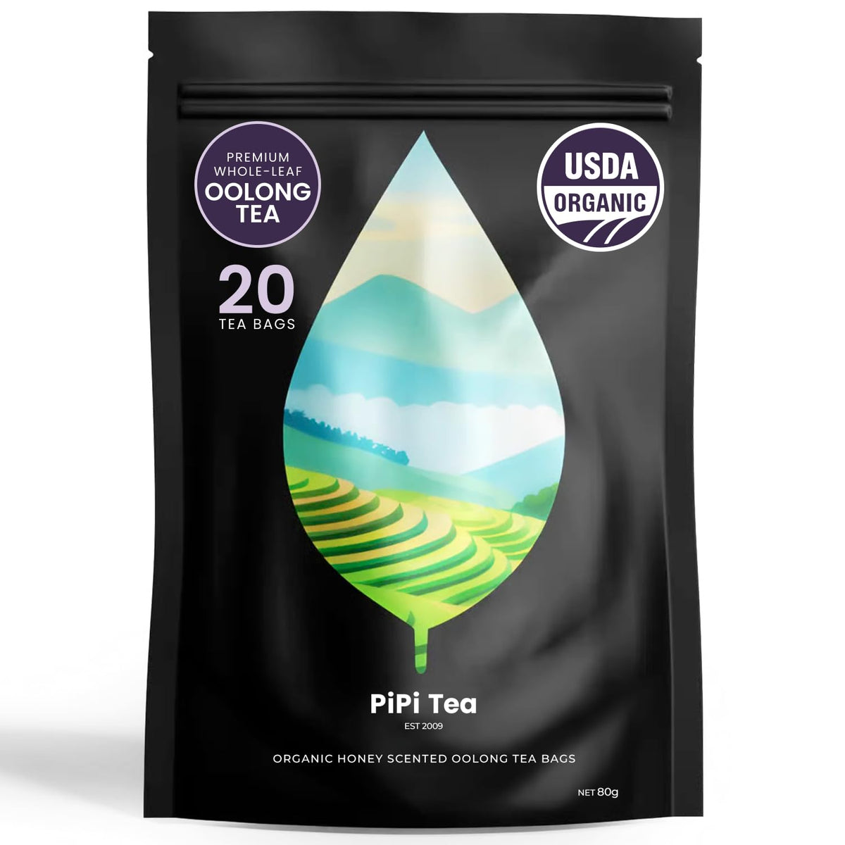 PiPi Tea organic oolong tea bags pack shot highlighting premium whole-leaf quality and calm moments