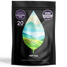 PiPi Tea organic oolong tea bags pack shot highlighting premium whole-leaf quality and calm moments