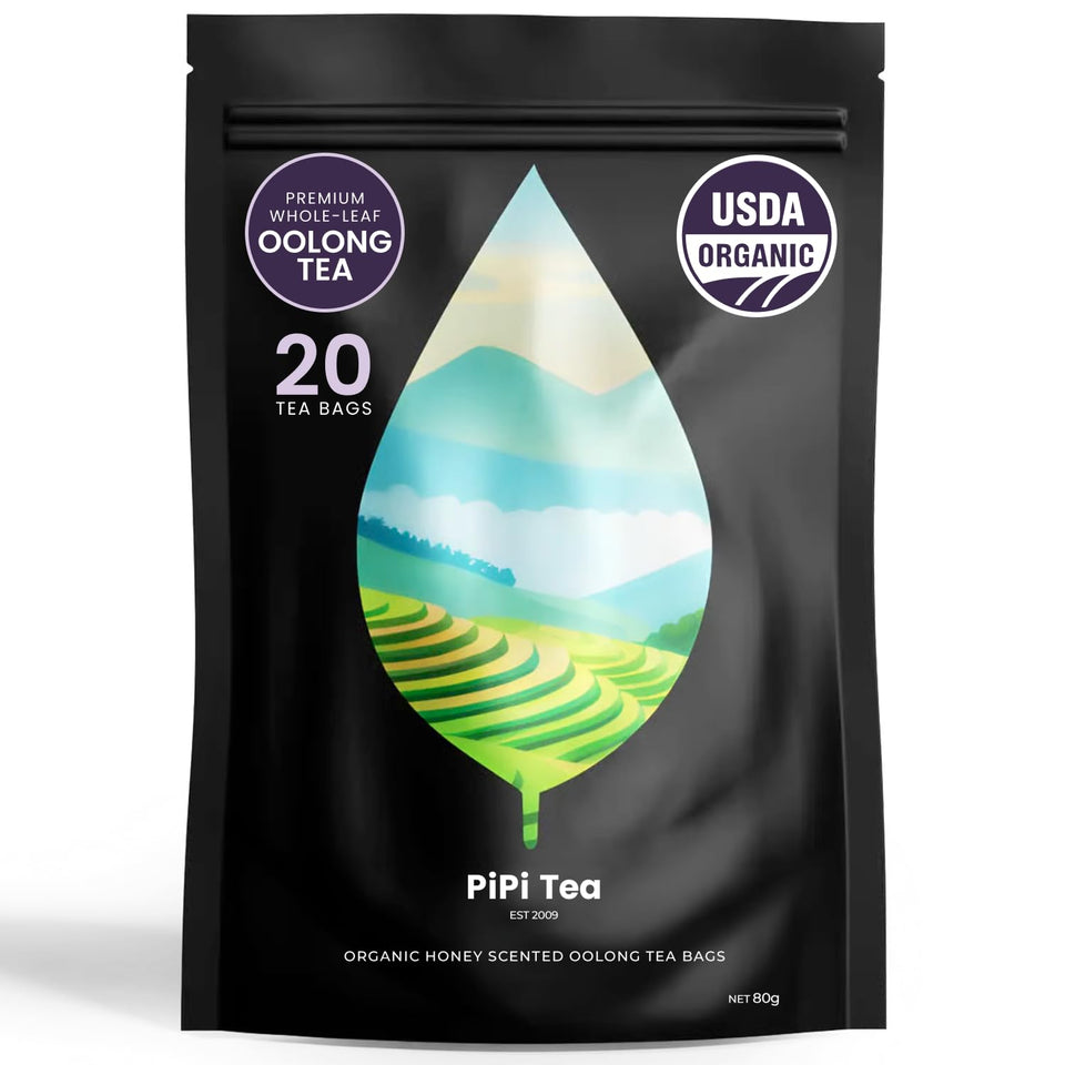 PiPi Tea organic oolong tea bags pack shot highlighting premium whole-leaf quality and calm moments