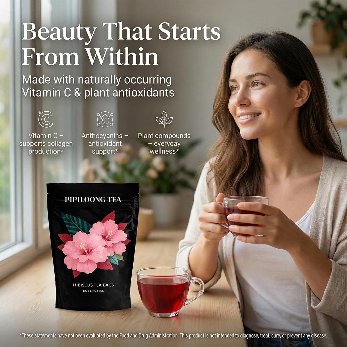 PiPiloong Hibiscus Tea served hot or iced in a cup