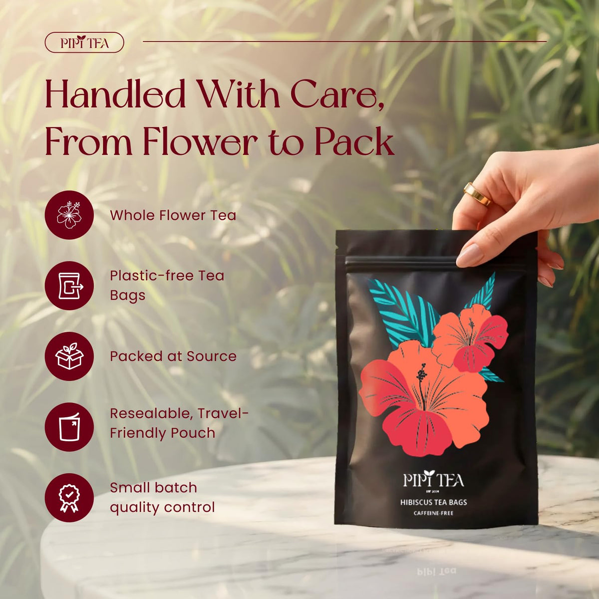 PiPi Tea Caffeine-Free Hibiscus emphasizes clean ingredients and bold notes