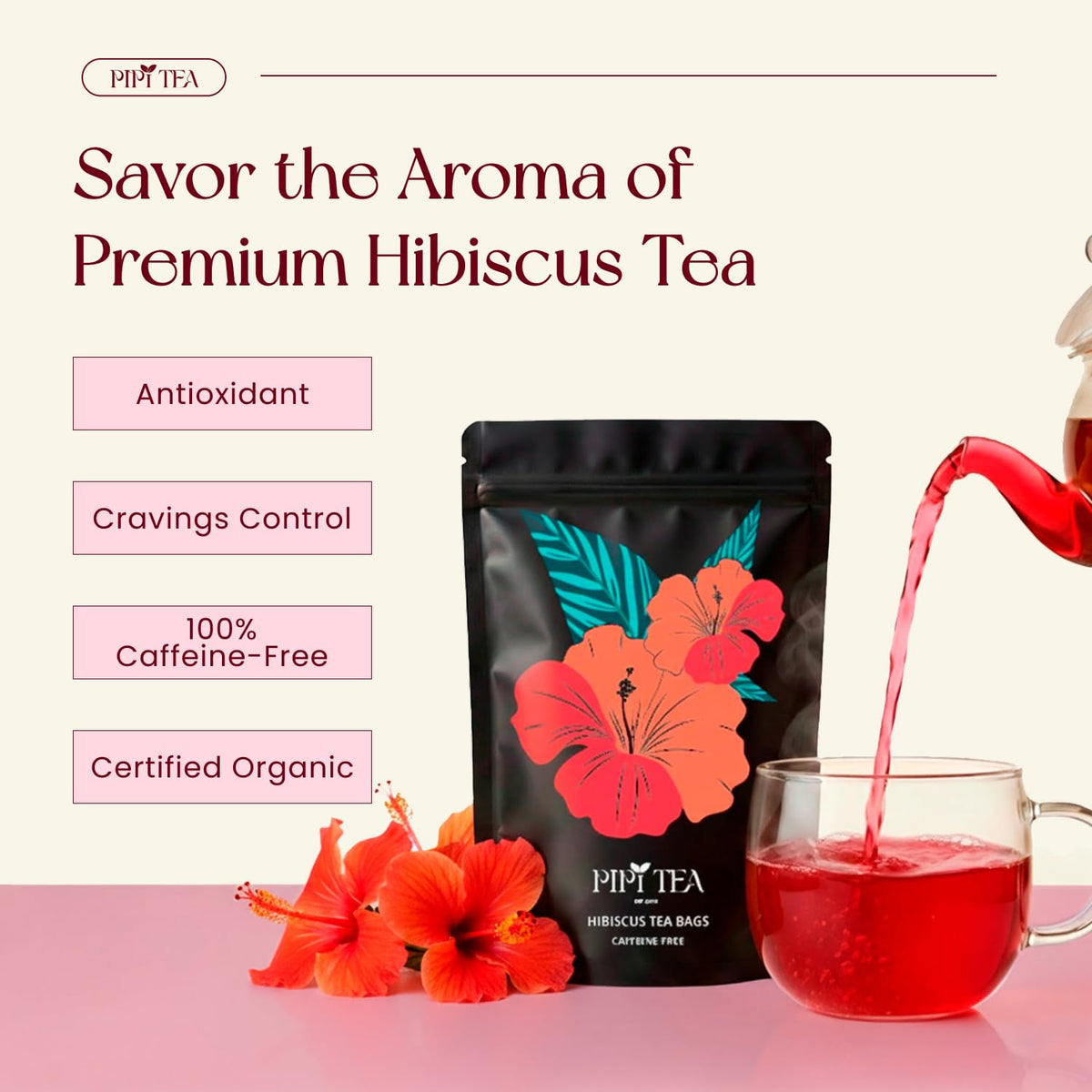 PiPi Tea Hibiscus Tea Brew demonstrates hot or iced versatility