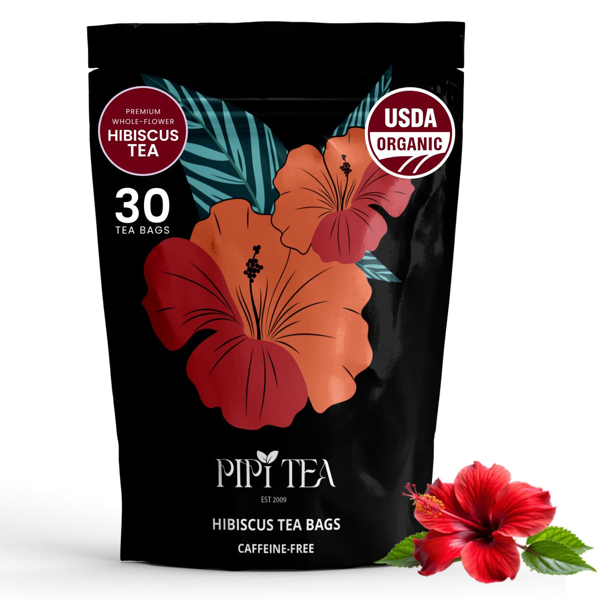 PiPi Tea Organic Hibiscus Tea Bag shows caffeine-free daily refreshment