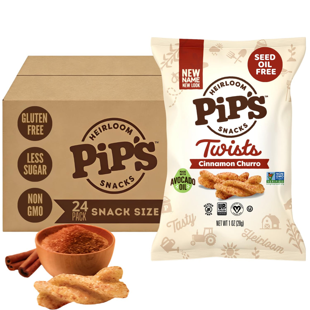 Pip's Heirloom Cinnamon Churro Twists 1oz bag close-up, crispy aroma