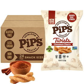 Pip's Heirloom Cinnamon Churro Twists 1oz bag close-up, crispy aroma