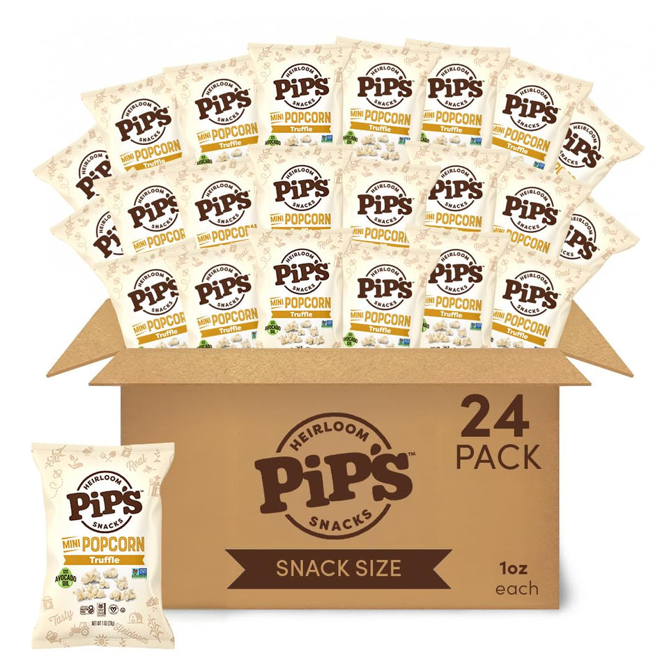 Pip's Heirloom Truffle Mini Popcorn in a bag, savory on-the-go snack.