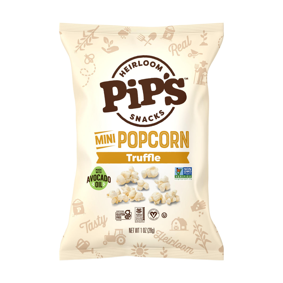 Pip's Heirloom Truffle Mini Popcorn kernel close-up highlights heirloom corn texture.