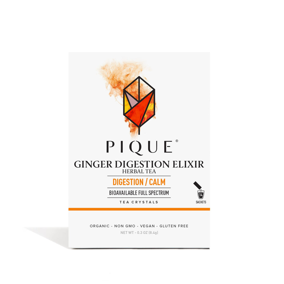 PIQUE Ginger Digestion Elixir bottle with organic ingredients for gentle digestion support.