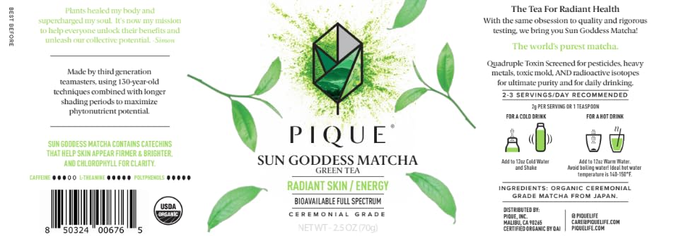 PIQUE Sun Goddess Matcha from Kagoshima highlights authentic Japanese origin.