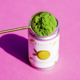 PIQUE Sun Goddess Matcha cup with steam symbolizes calm, sustained energy.