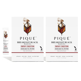 PIQUE Organic English Breakfast Tea Crystals bottle pour showing convenient energy blend