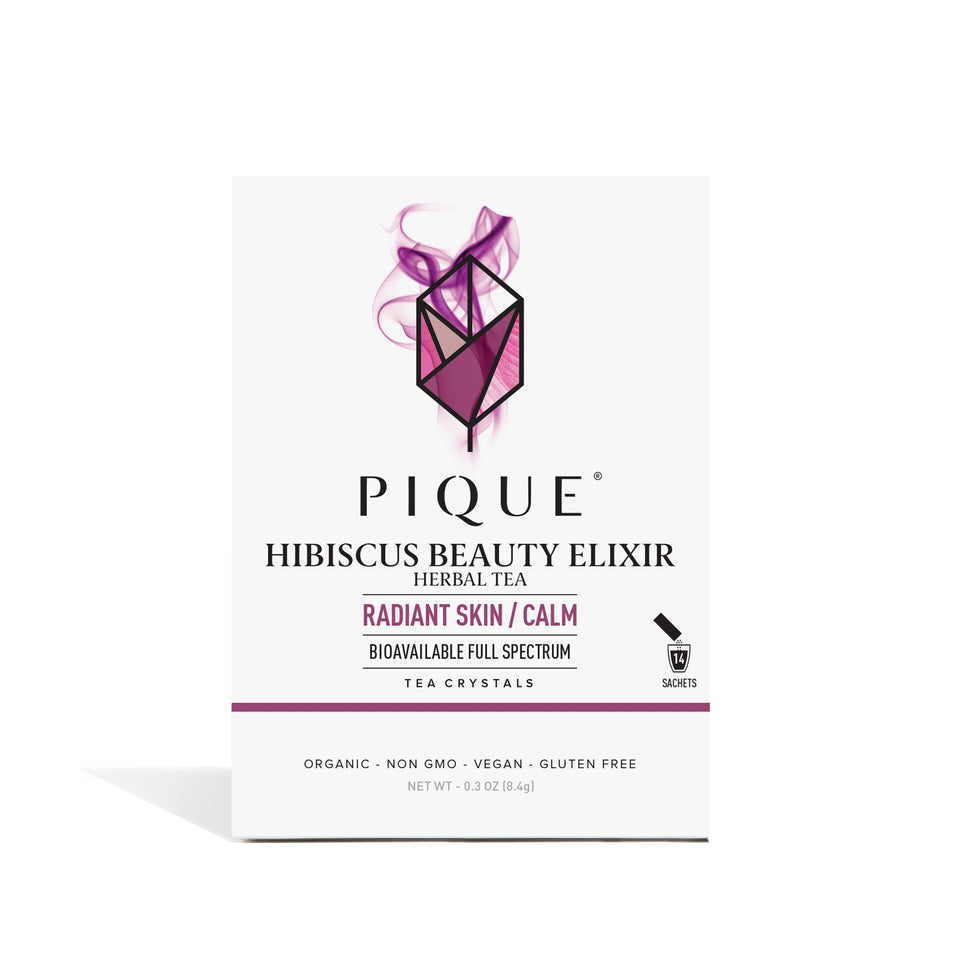 PIQUE Organic Hibiscus Tea Crystals pack showing concentrated antioxidant herbal tea