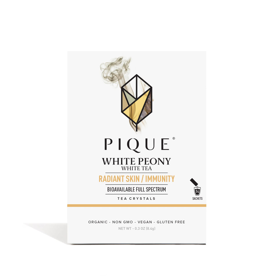 Pique Organic White Peony Tea Crystals pack ready for quick, antioxidant-rich brews.