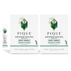 PIQUE Sencha Tea Crystals pack-2 box-front; convenient single-serve energy on the go.