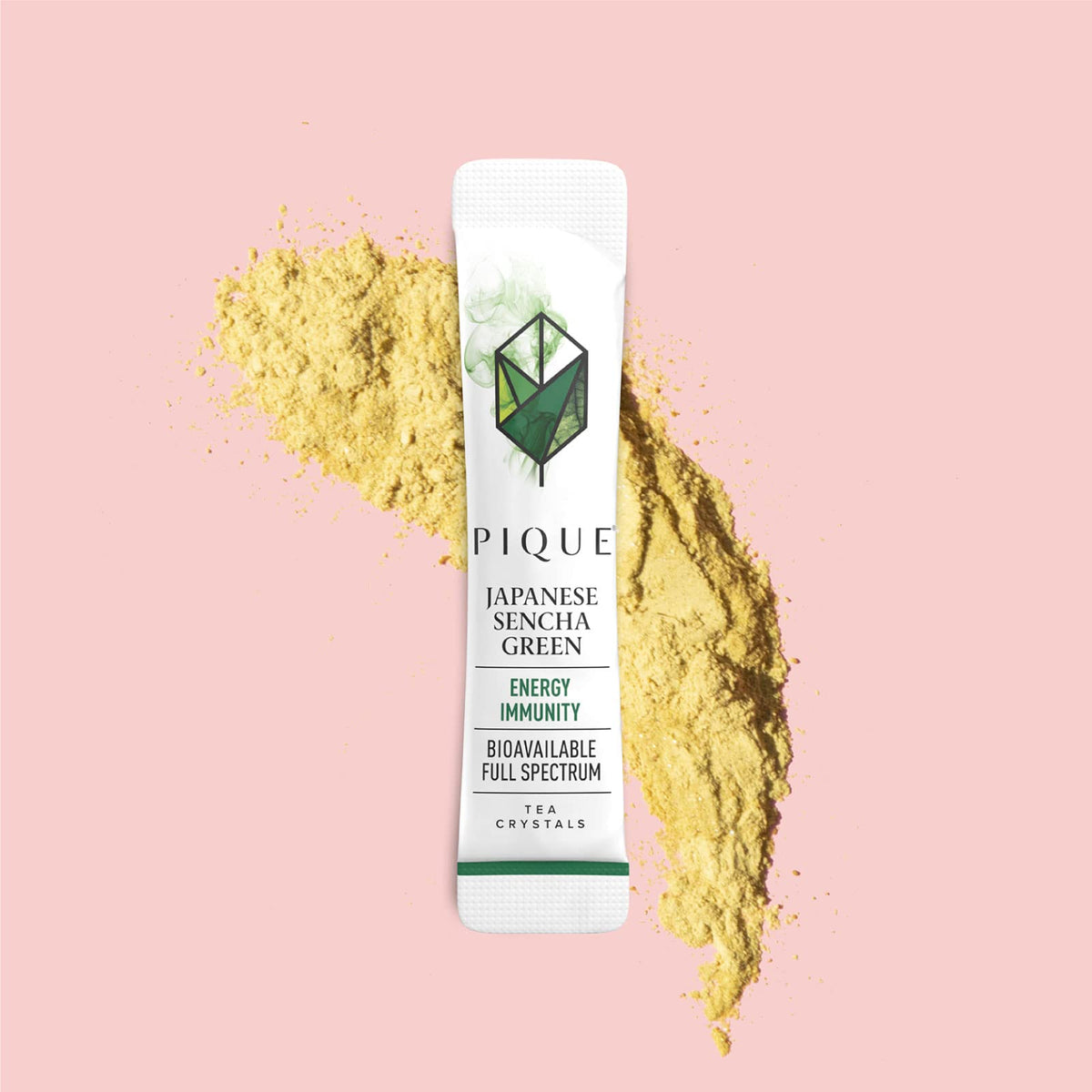 PIQUE Sencha Tea Crystals-stick-dissolving in water for crisp flavor.