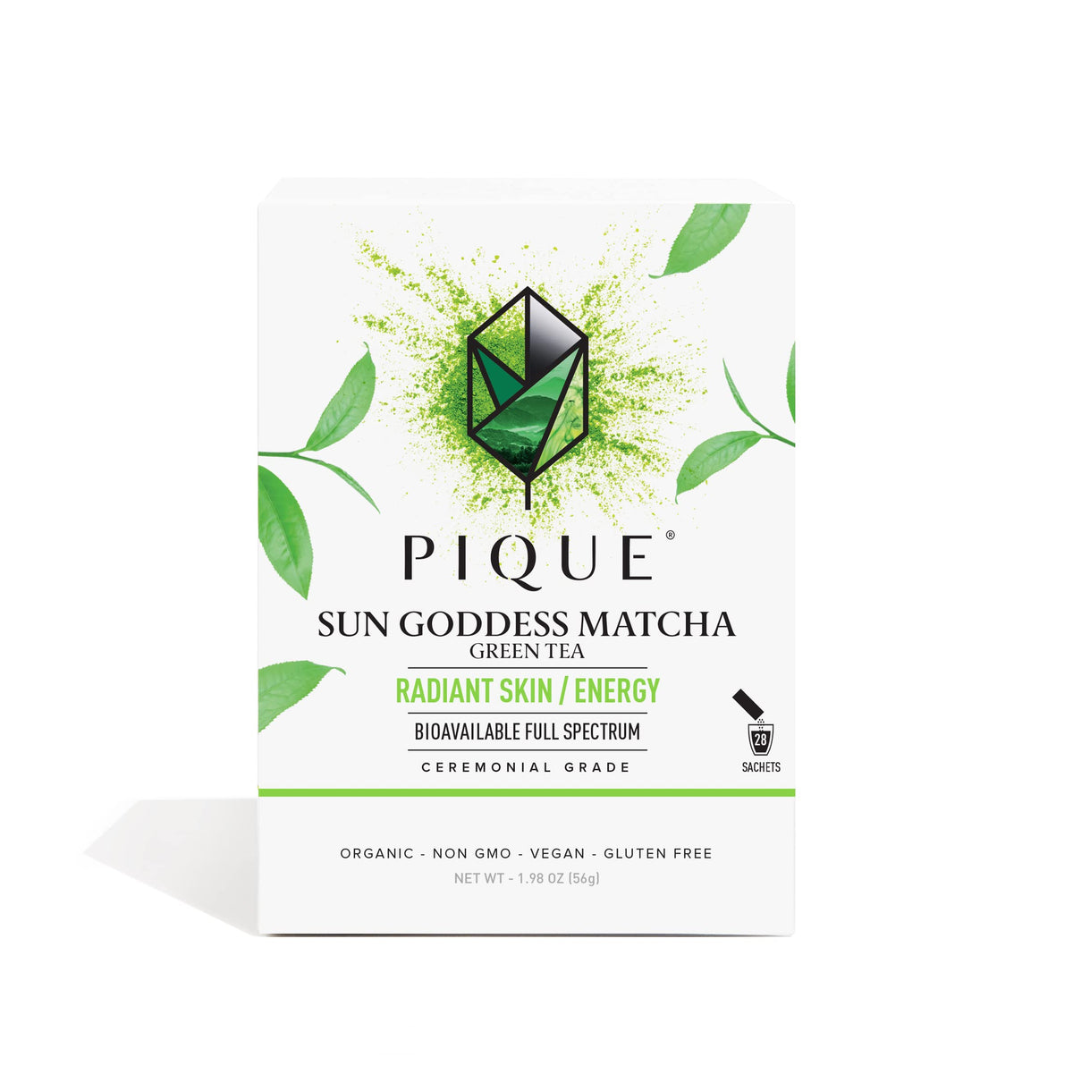 PIQUE Sun Goddess Matcha packaging with premium ceremonial-grade labeling