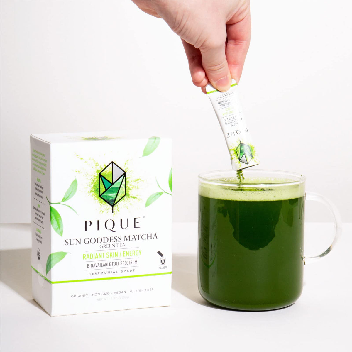 Prepared PIQUE Sun Goddess Matcha in cup for a calm energy moment