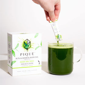 Prepared PIQUE Sun Goddess Matcha in cup for a calm energy moment
