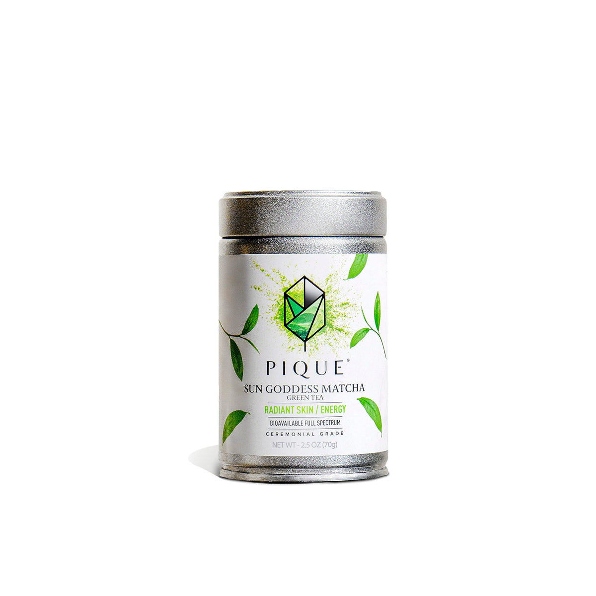 PIQUE Sun Goddess Matcha tin for ceremonial-grade energy and focus.