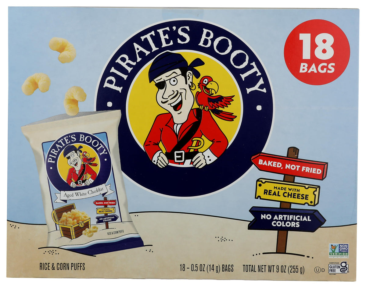 Pirate Brands aged white cheddar rice and corn puffs, 18-pack, savory on-the-go snack.