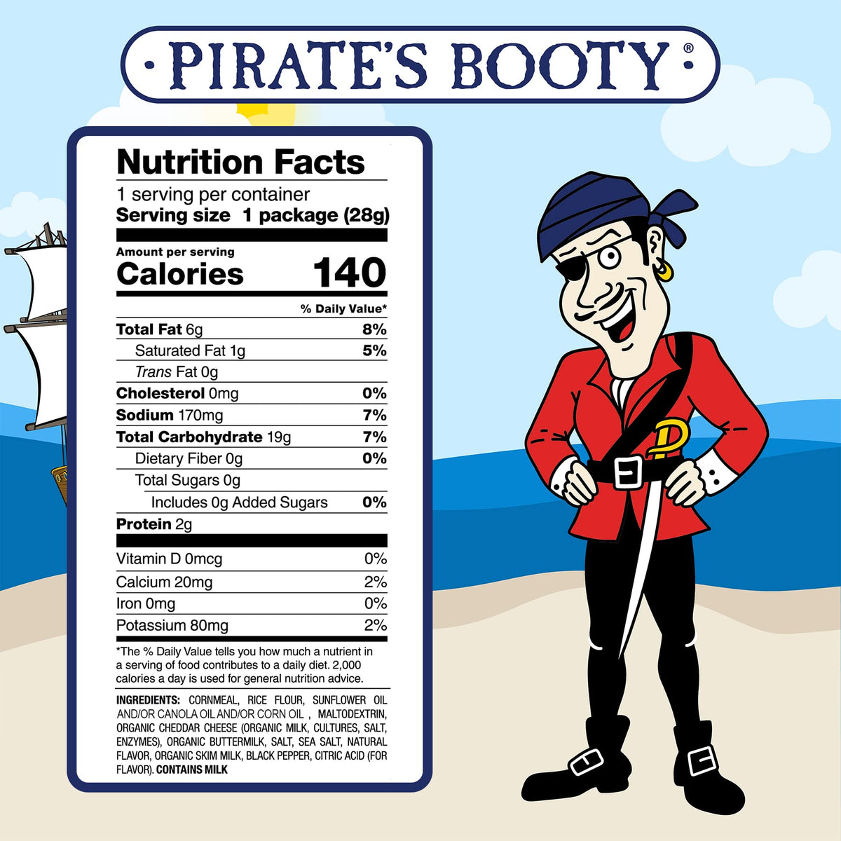 Pirate's Booty kids lunchbox scene with convenient 1oz snack packs.