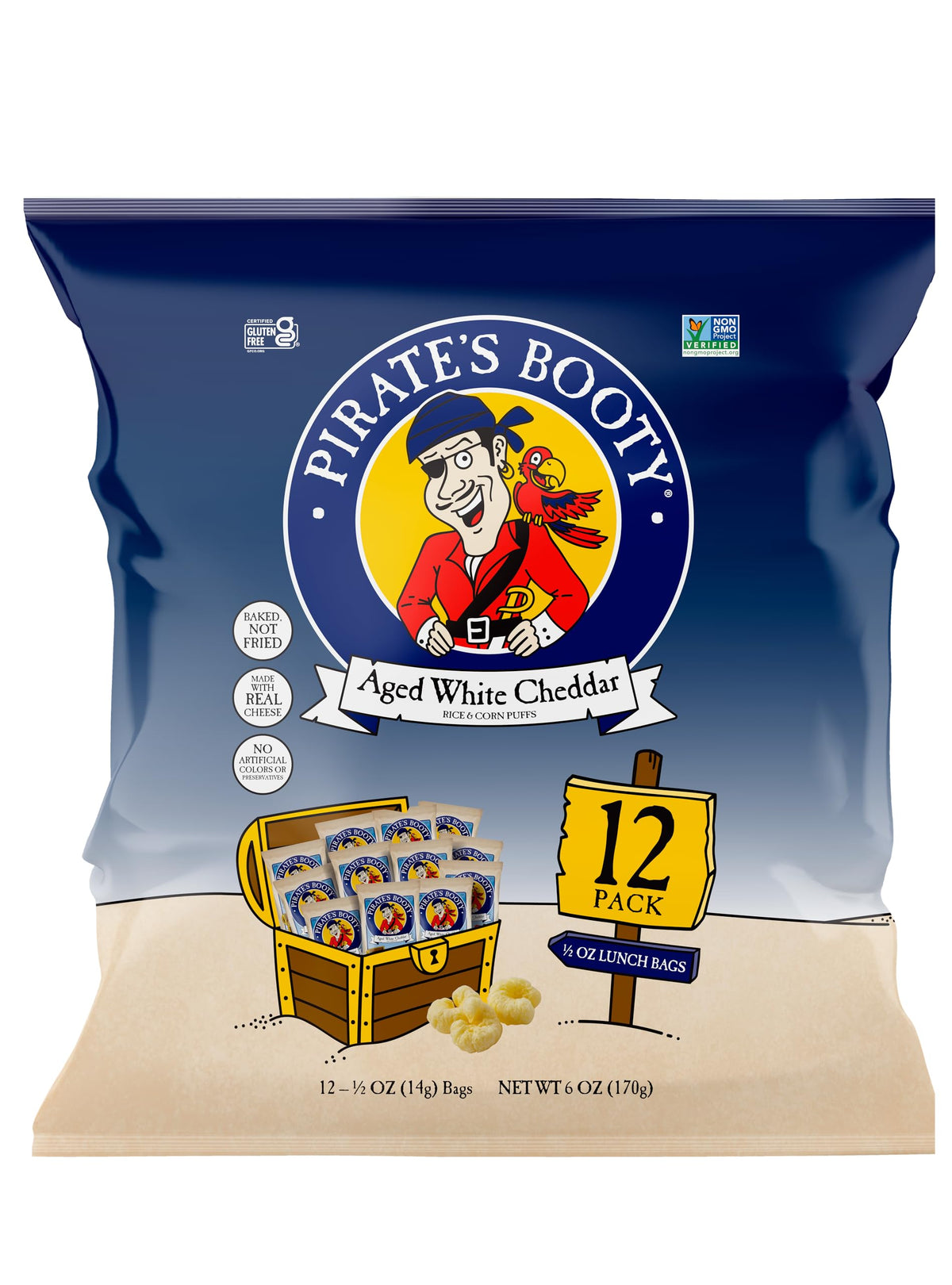Pirate's Booty aged white cheddar puffs packaging highlighting gluten-free appeal.