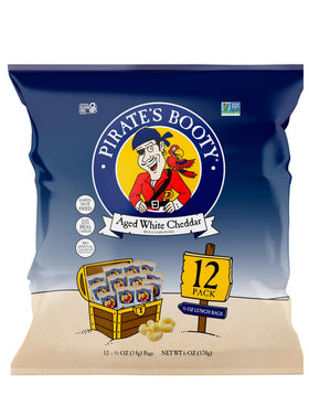 Pirate's Booty aged white cheddar puffs packaging highlighting gluten-free appeal.
