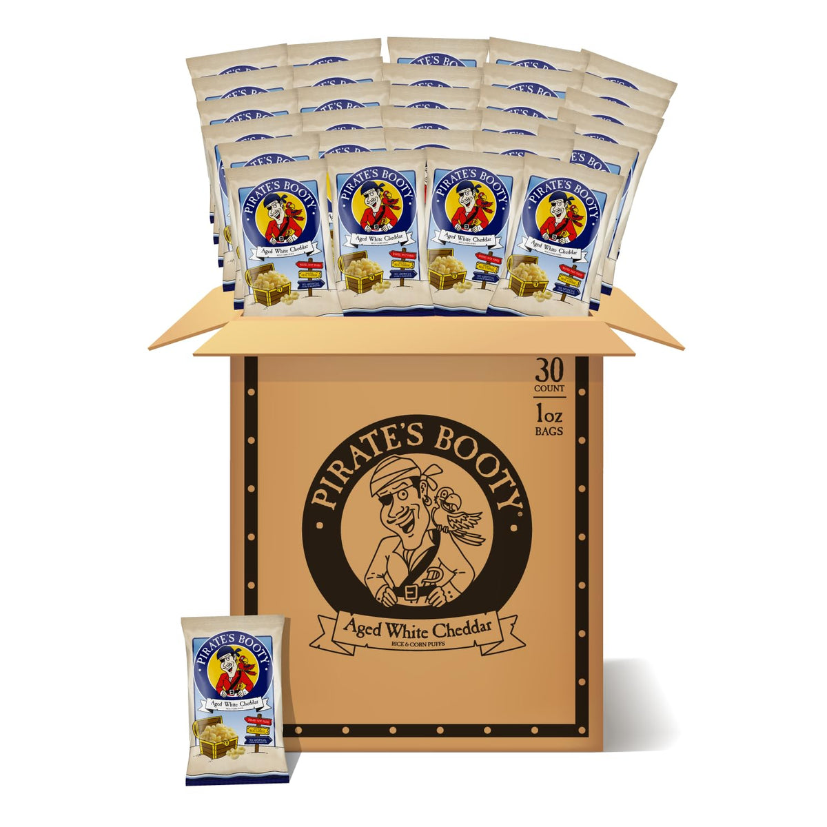 Pirate's Booty aged white cheddar puffs in 30-pack bags, kid-friendly snack for lunch boxes.