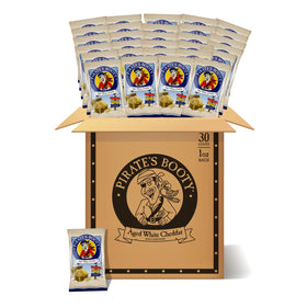 Pirate's Booty aged white cheddar puffs in 30-pack bags, kid-friendly snack for lunch boxes.
